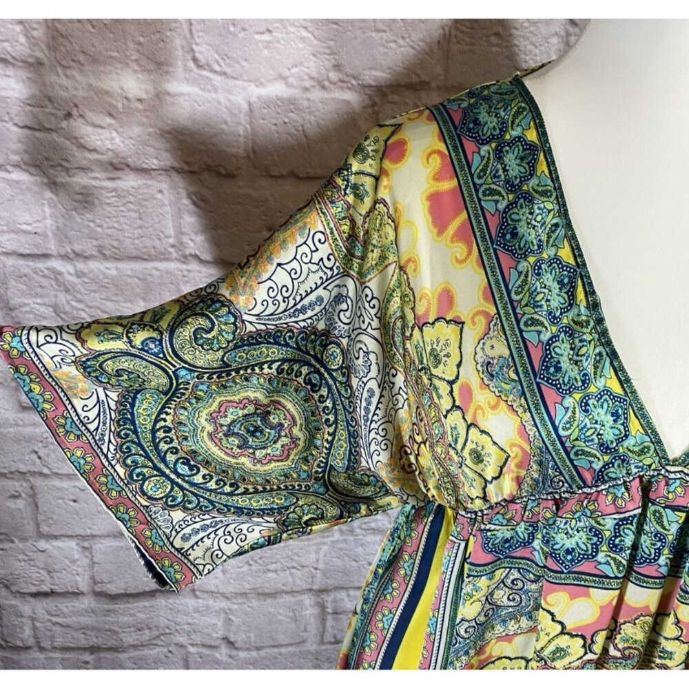 Sundance Bella Verona Dress Small Printed Kimono Sleeve Midi Caftan Satin 040 - Picture 5 of 9